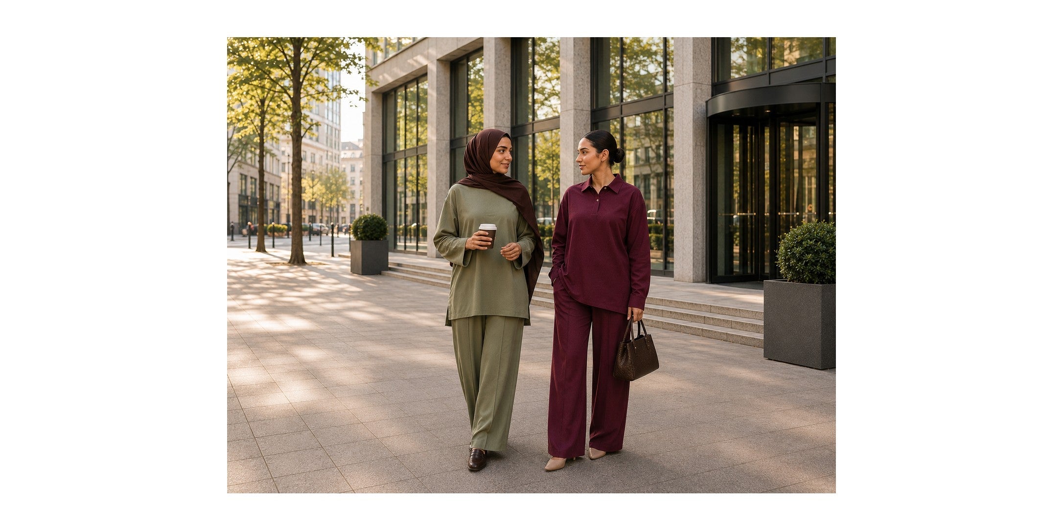 Twee vrouwen in NIA two-piece sets: groene set en burgundy set, op straat in de stad